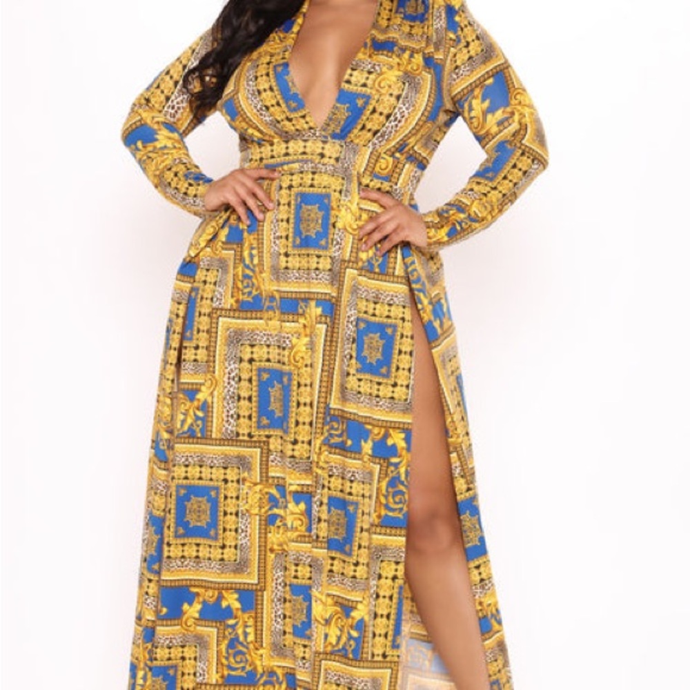 Fashion Nova Blue and Gold Patterned Maxi Dress - Picture 6 of 13